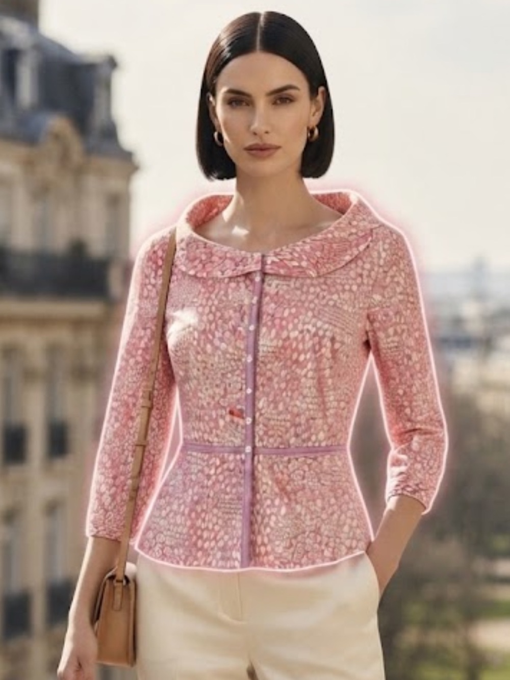 Elie Tahari Vintage Pink Patterned Shawl Collar Peplum Blouse